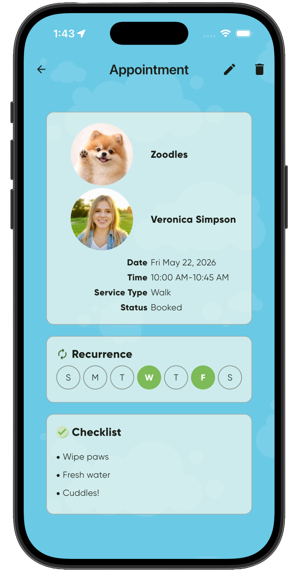 Doggy Logs team schedule and staff assignment view